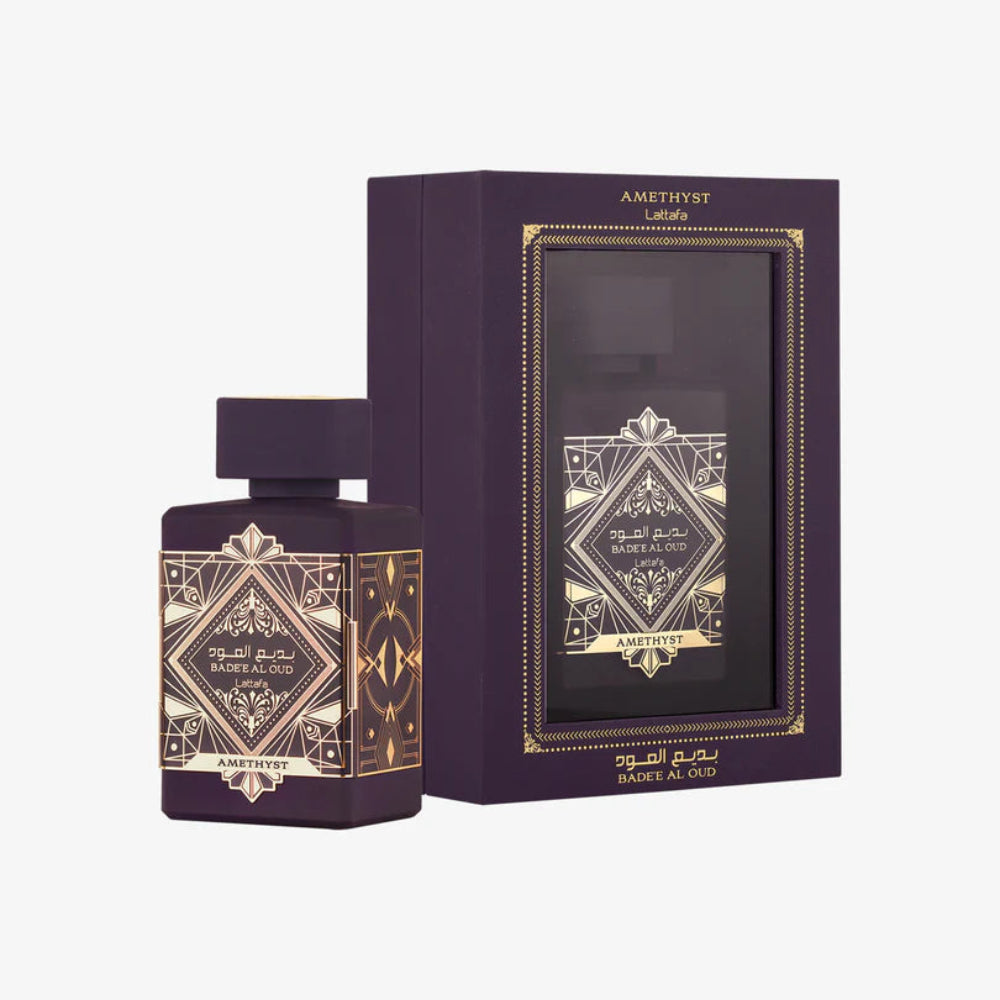 Aladin Fragrances Badee Al Oud Amethyst Parfümflasche mit lila Design, orientalischer Duft in eleganter Verpackung