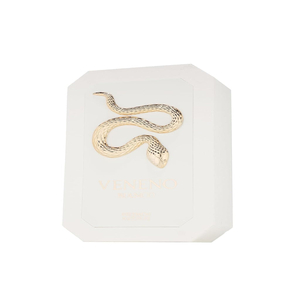 Flasche French Avenue Veneno Bianco von Aladin Fragrances, eleganter Duft mit weißem Flakon, auf weißem Hintergrund.