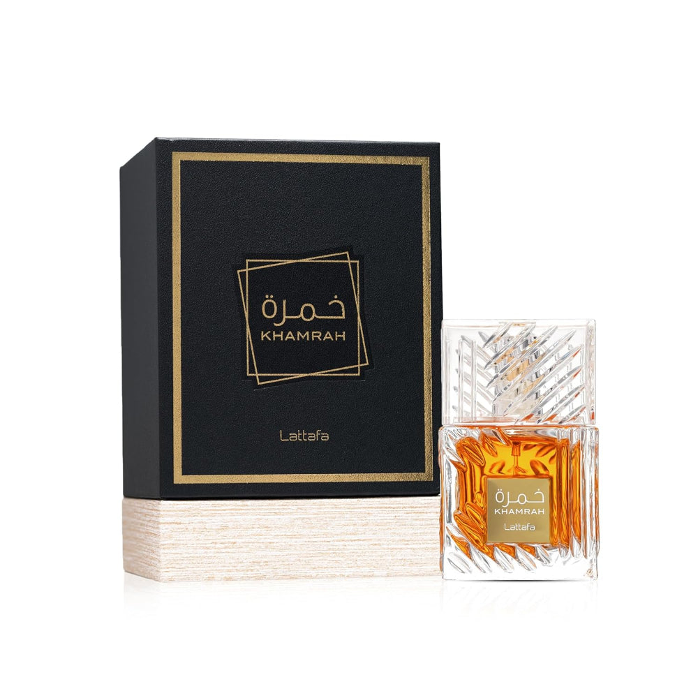 Dufthülle für Lattafa Khamra von Aladin Fragrances, elegant mit goldenen Akzenten und orientalischem Design.