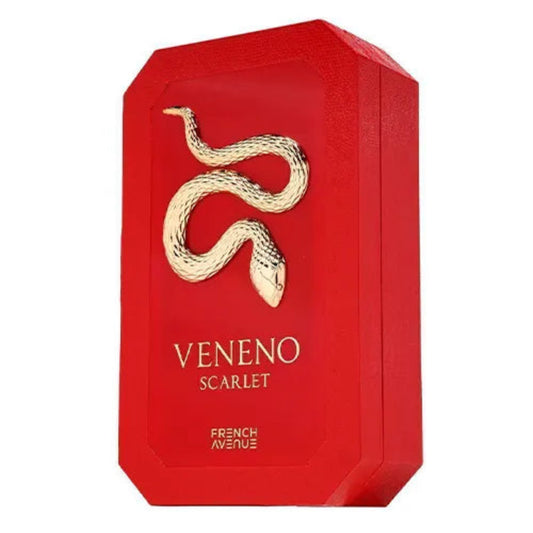 Französisches Avenue Veneno Scarlet Parfümflasche von Aladin Fragrances auf weißem Hintergrund sichtbar