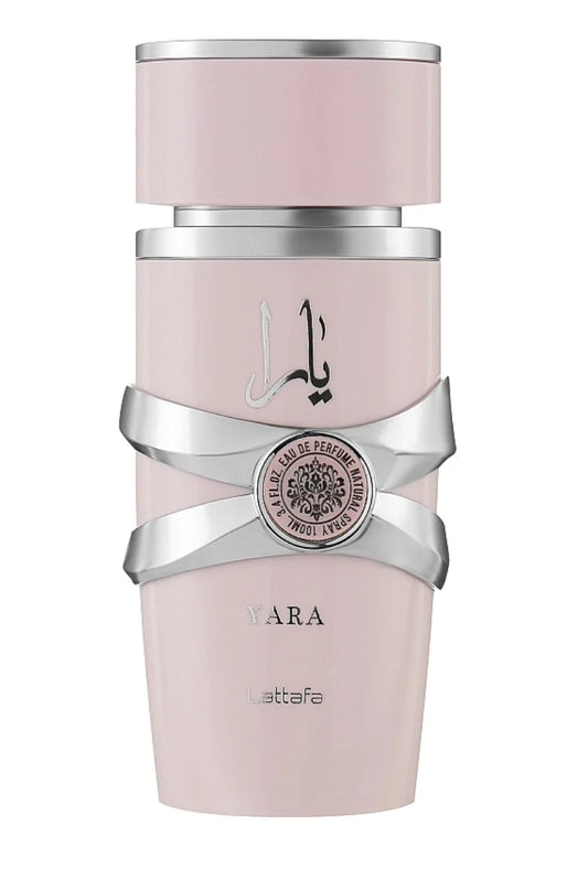 Lattafa Yara perfume bottle with elegant gold and black design, showcasing the luxurious fragrance packaging.