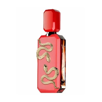 Französisches Avenue Veneno Scarlet Parfümflasche von Aladin Fragrances mit rotem Design und goldenen Akzenten, auf weißem Hintergrund