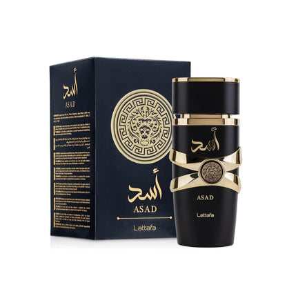 Düfte von Lattafa Asad, Aladin Fragrances, Flasche mit goldfarbenem Design und eleganter Verpackung, Parfüm für Männer