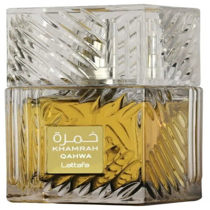 Dufthülle für Lattafa Khamra Qahwa, Aladin Fragrances, mit goldener Verpackung und Kaffeetönen, auf weißem Hintergrund.