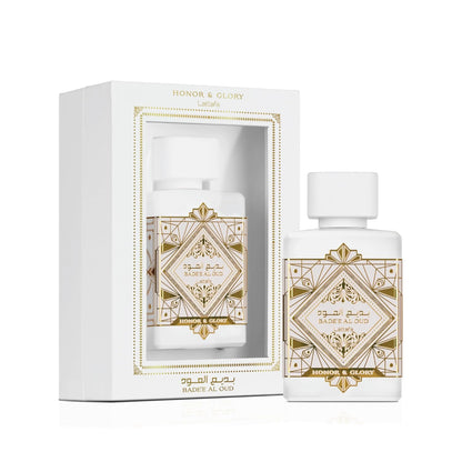 Dufthalskette Lattafa Badee Al Oud Honor and Glory von Aladin Fragrances, Flasche mit goldener Verpackung und eleganter Gestaltung
