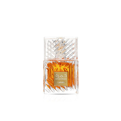 Düfte von Lattafa Khamra von Aladin Fragrances, Flasche mit goldener Kappe und orientalischem Design, auf weißem Hintergrund.