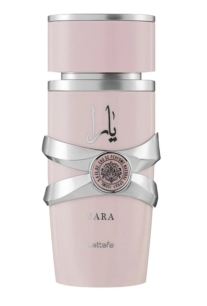Lattafa Yara perfume bottle with elegant gold and black design, showcasing the luxurious fragrance packaging.